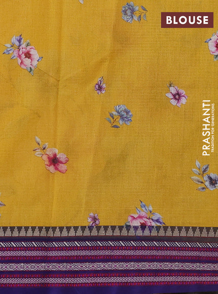 Kota silk cotton saree mustard yellow and blue with allover floral digital prints and woven border