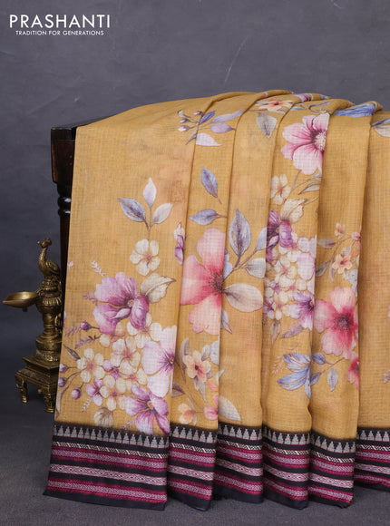 Kota silk cotton saree sandal and black with allover floral digital prints and woven border