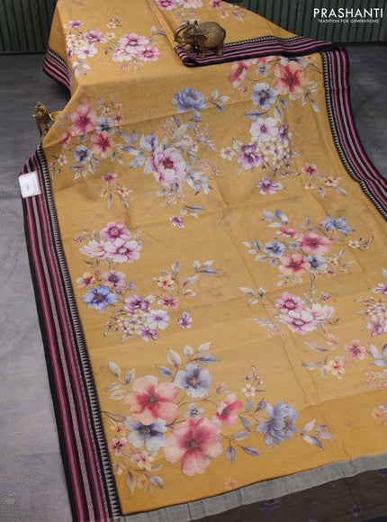 Kota silk cotton saree sandal and black with allover floral digital prints and woven border