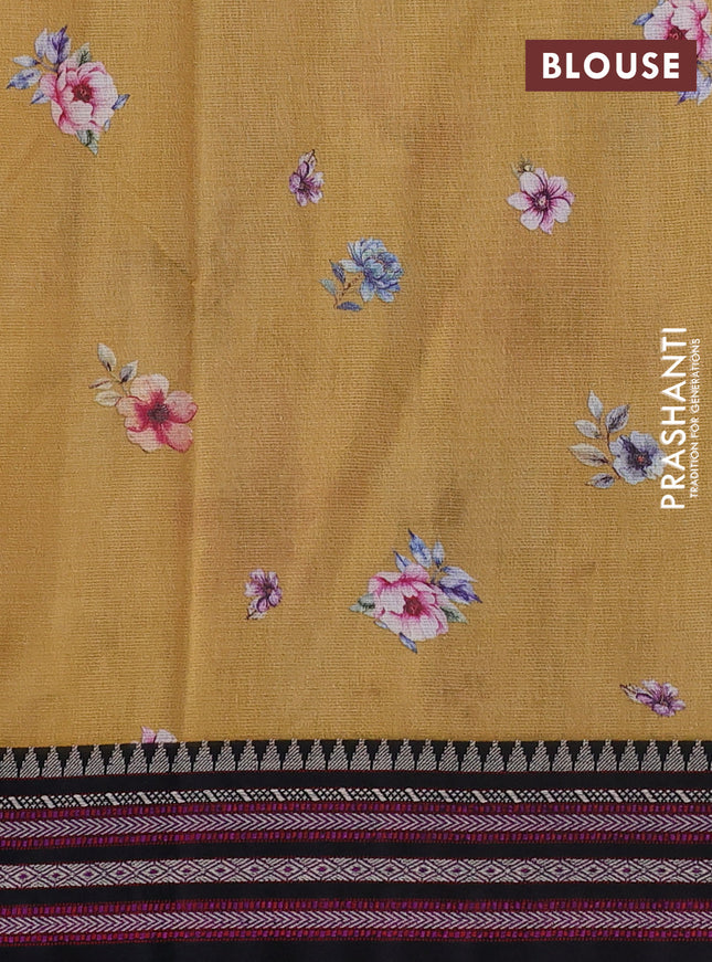 Kota silk cotton saree sandal and black with allover floral digital prints and woven border