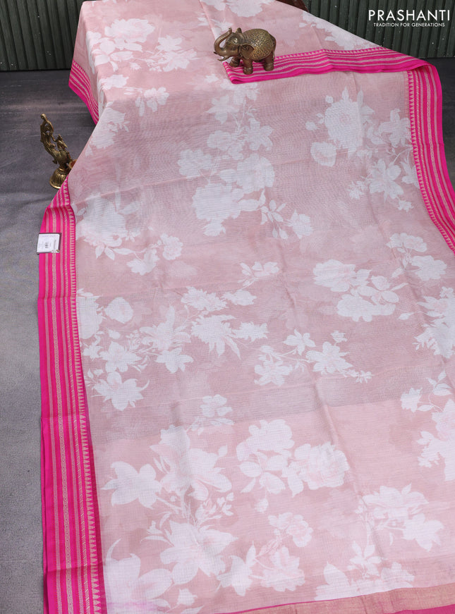 Kota silk cotton saree pastel pink and pink with allover floral digital prints and woven border