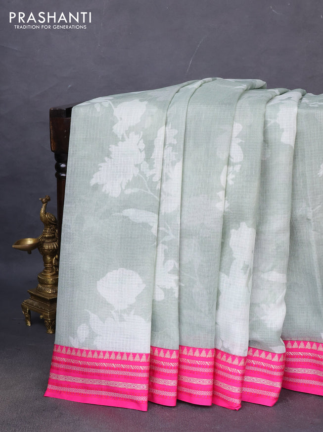 Kota silk cotton saree pastel green and pink with allover floral digital prints and woven border