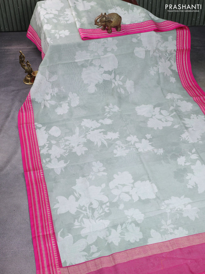 Kota silk cotton saree pastel green and pink with allover floral digital prints and woven border
