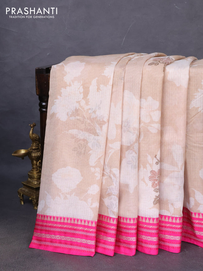 Kota silk cotton saree sandal and pink with allover floral digital prints and woven border