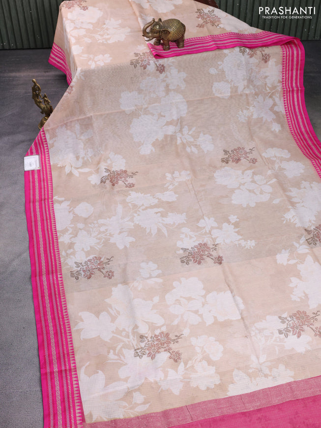 Kota silk cotton saree sandal and pink with allover floral digital prints and woven border