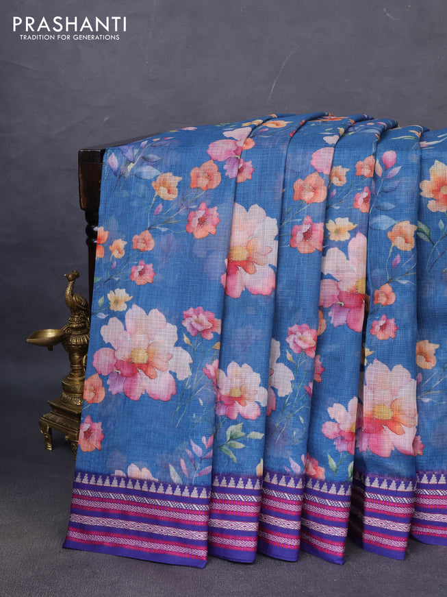 Kota silk cotton saree peacock blue and blue with allover floral digital prints and woven border