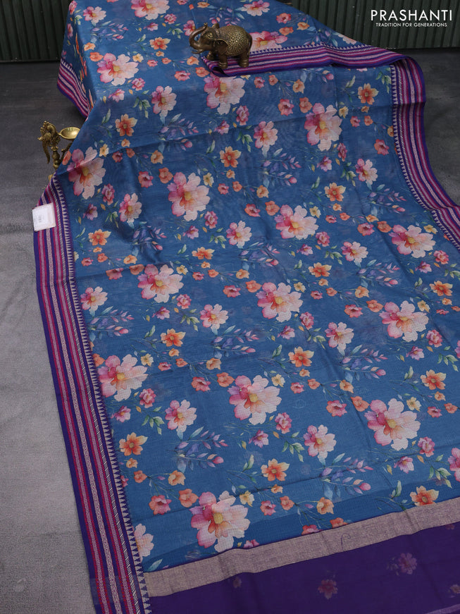 Kota silk cotton saree peacock blue and blue with allover floral digital prints and woven border