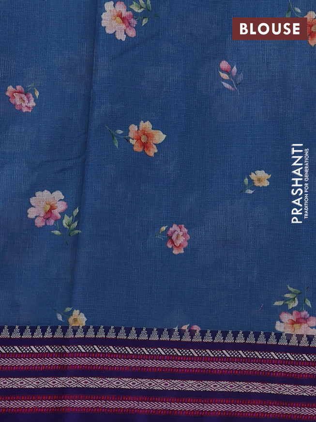 Kota silk cotton saree peacock blue and blue with allover floral digital prints and woven border