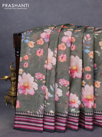 Kota silk cotton saree sap green and black with allover floral digital prints and woven border