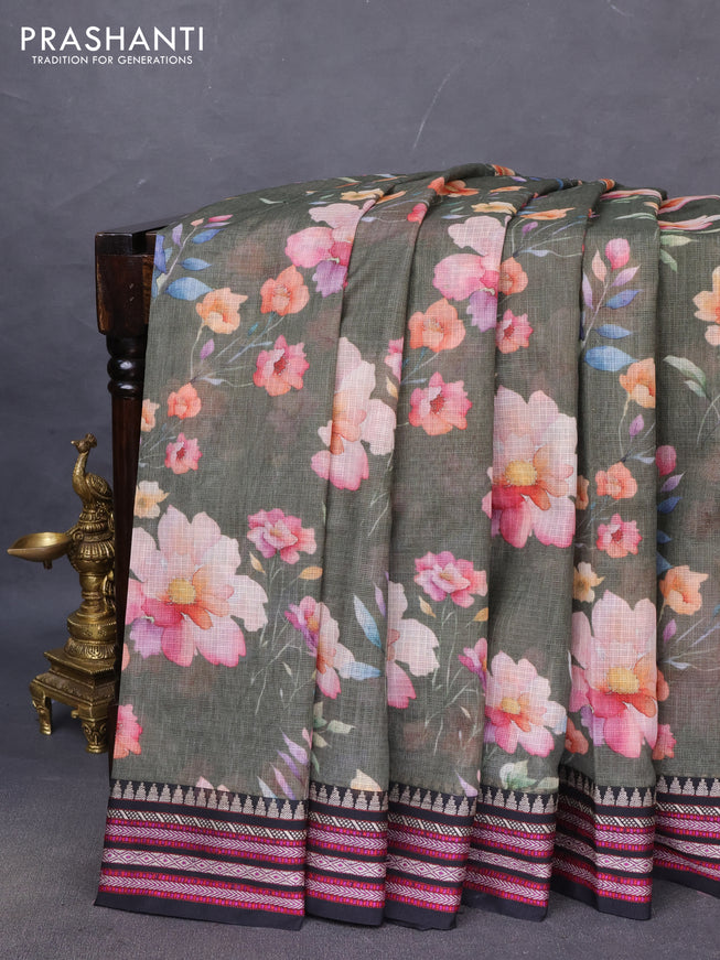 Kota silk cotton saree sap green and black with allover floral digital prints and woven border