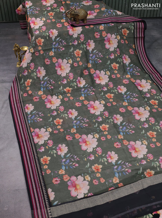 Kota silk cotton saree sap green and black with allover floral digital prints and woven border