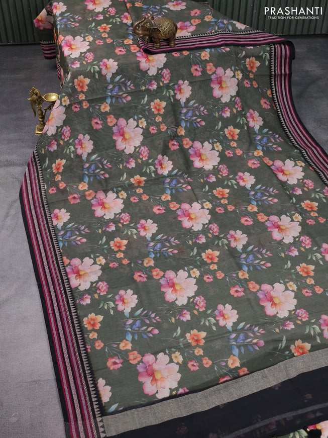 Kota silk cotton saree sap green and black with allover floral digital prints and woven border