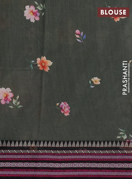 Kota silk cotton saree sap green and black with allover floral digital prints and woven border