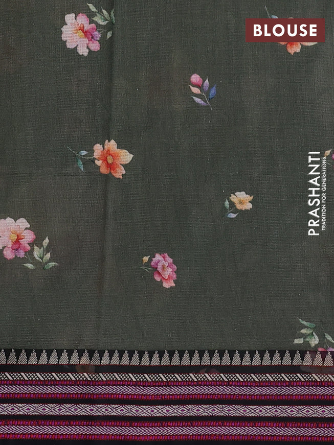 Kota silk cotton saree sap green and black with allover floral digital prints and woven border