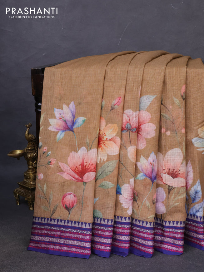 Kota silk cotton saree sandal and blue with allover floral digital prints and woven border