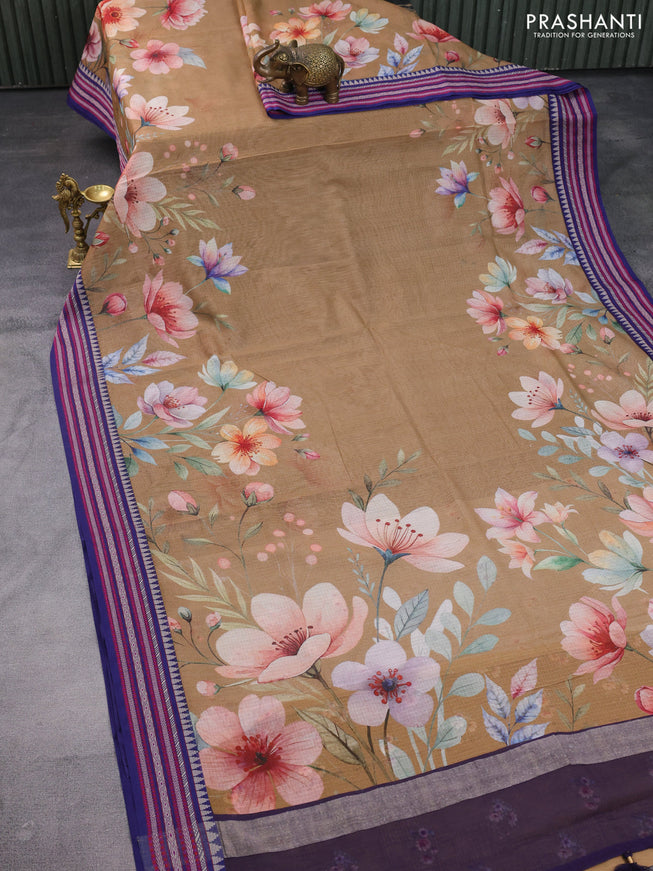 Kota silk cotton saree sandal and blue with allover floral digital prints and woven border