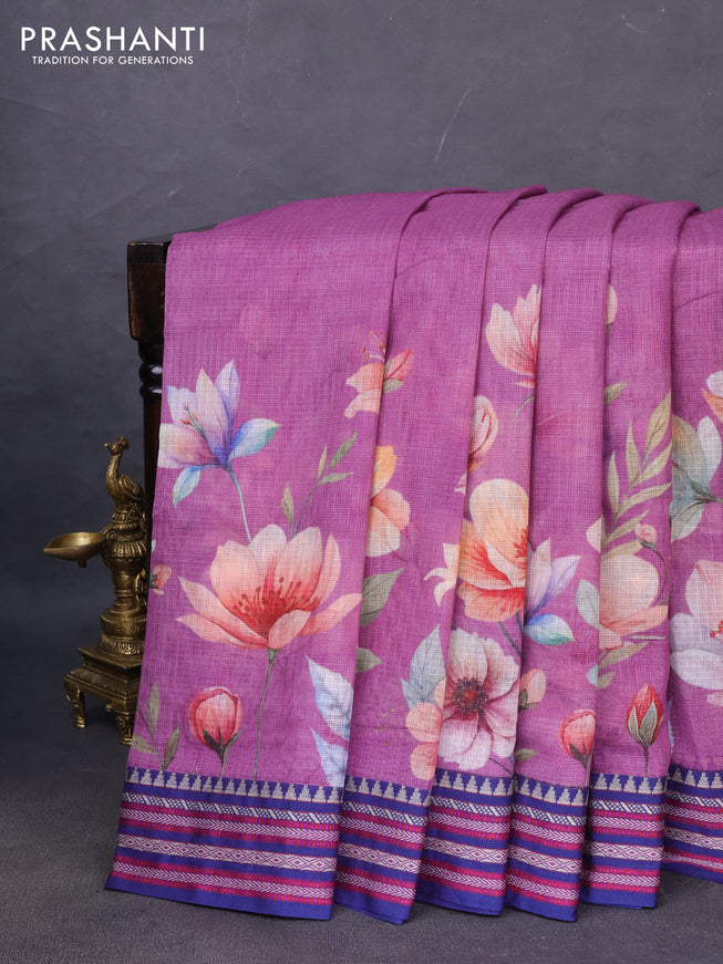 Kota silk cotton saree mauve pink and blue with allover floral digital prints and woven border