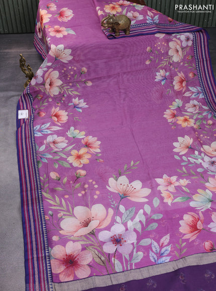 Kota silk cotton saree mauve pink and blue with allover floral digital prints and woven border