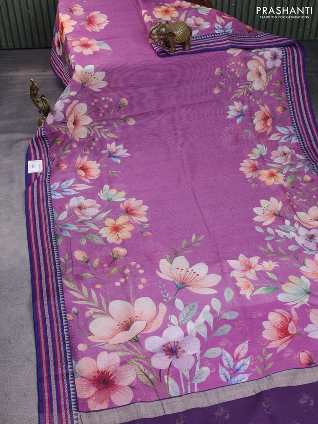 Kota silk cotton saree mauve pink and blue with allover floral digital prints and woven border