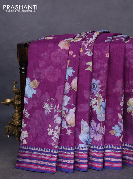 Kota silk cotton saree purple and blue with allover floral digital prints and woven border