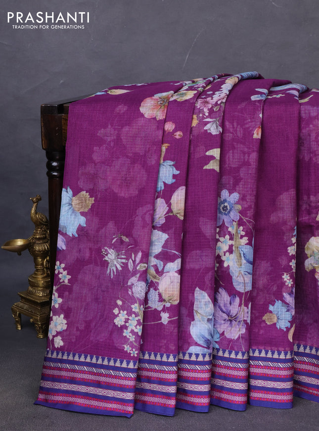 Kota silk cotton saree purple and blue with allover floral digital prints and woven border