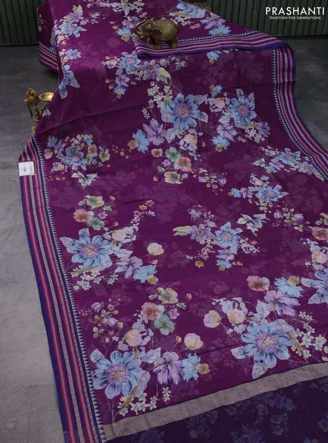 Kota silk cotton saree purple and blue with allover floral digital prints and woven border