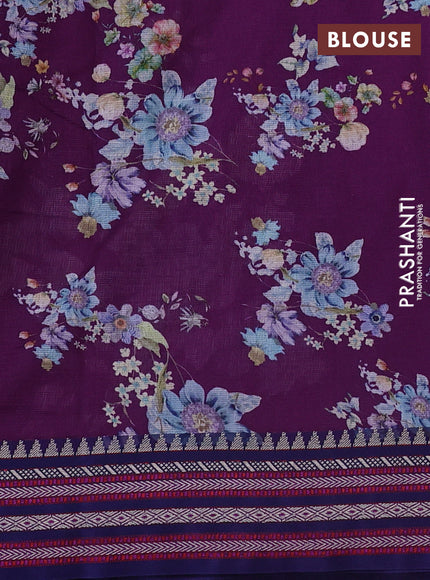 Kota silk cotton saree purple and blue with allover floral digital prints and woven border