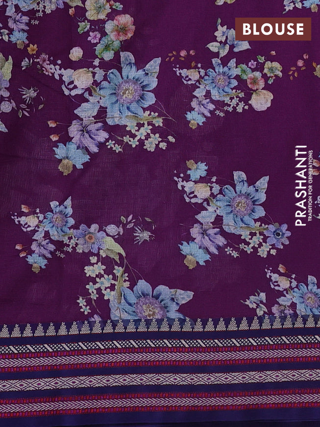 Kota silk cotton saree purple and blue with allover floral digital prints and woven border