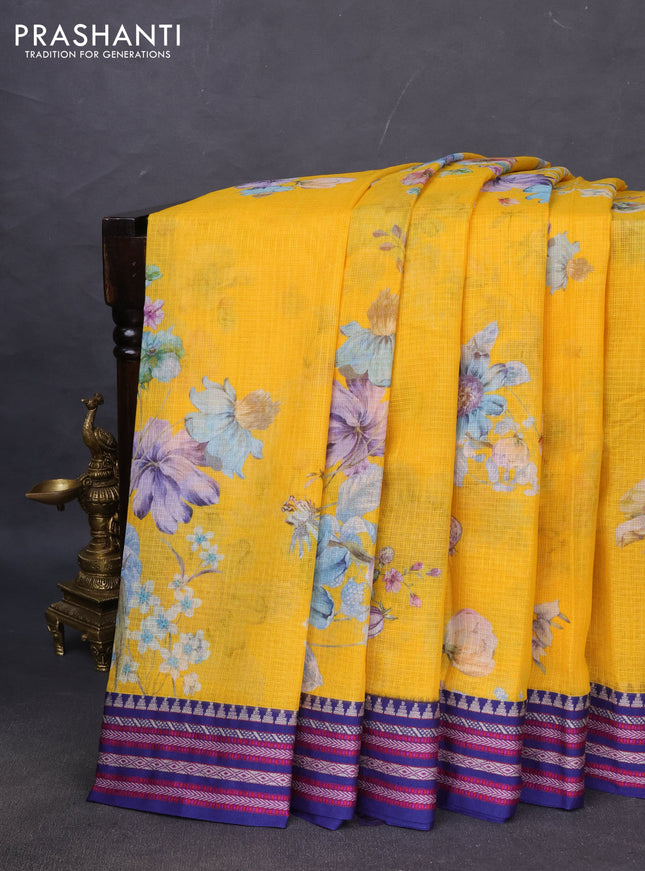 Kota silk cotton saree yellow and blue with allover floral digital prints and woven border