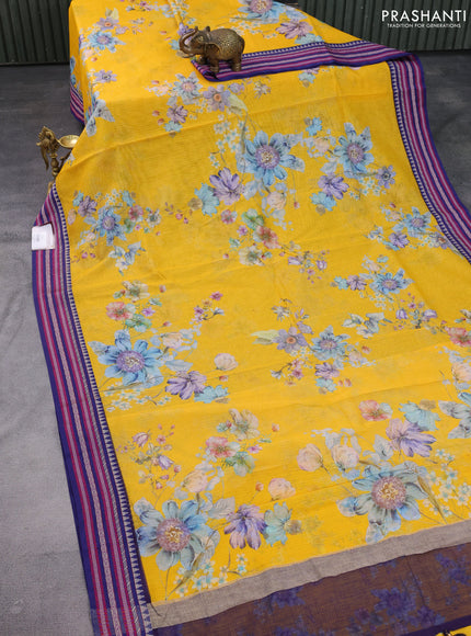 Kota silk cotton saree yellow and blue with allover floral digital prints and woven border