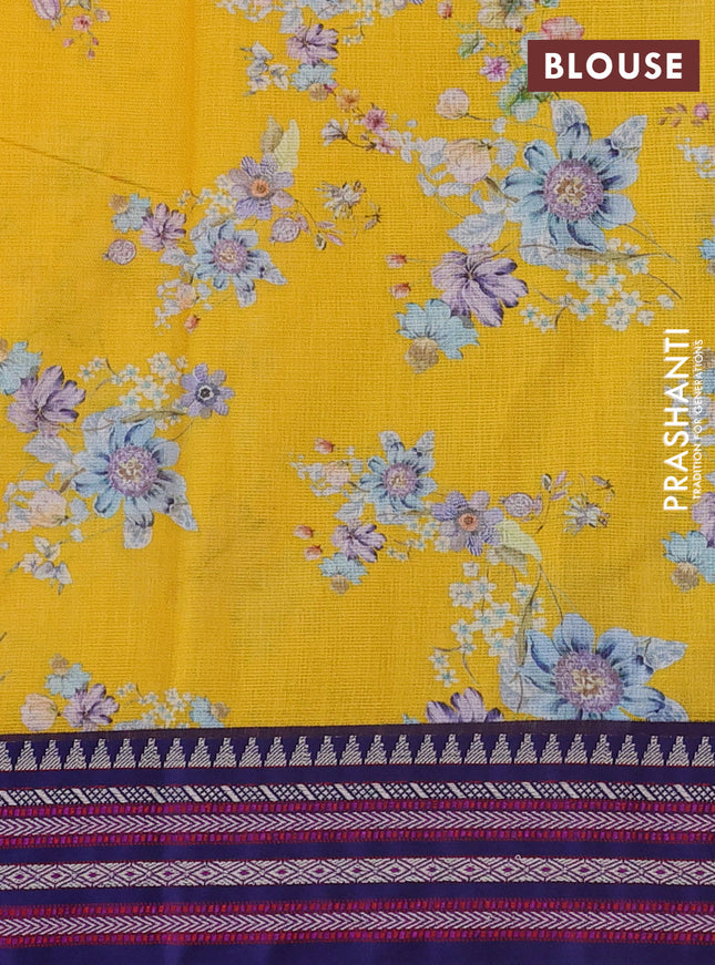 Kota silk cotton saree yellow and blue with allover floral digital prints and woven border