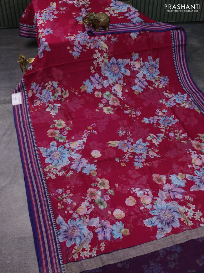 Kota silk cotton saree dark pink and blue with allover floral digital prints and woven border
