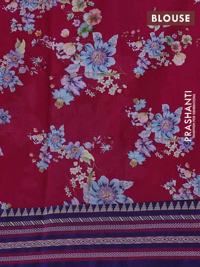 Kota silk cotton saree dark pink and blue with allover floral digital prints and woven border