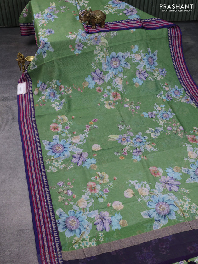 Kota silk cotton saree green and navy blue with allover floral digital prints and woven border