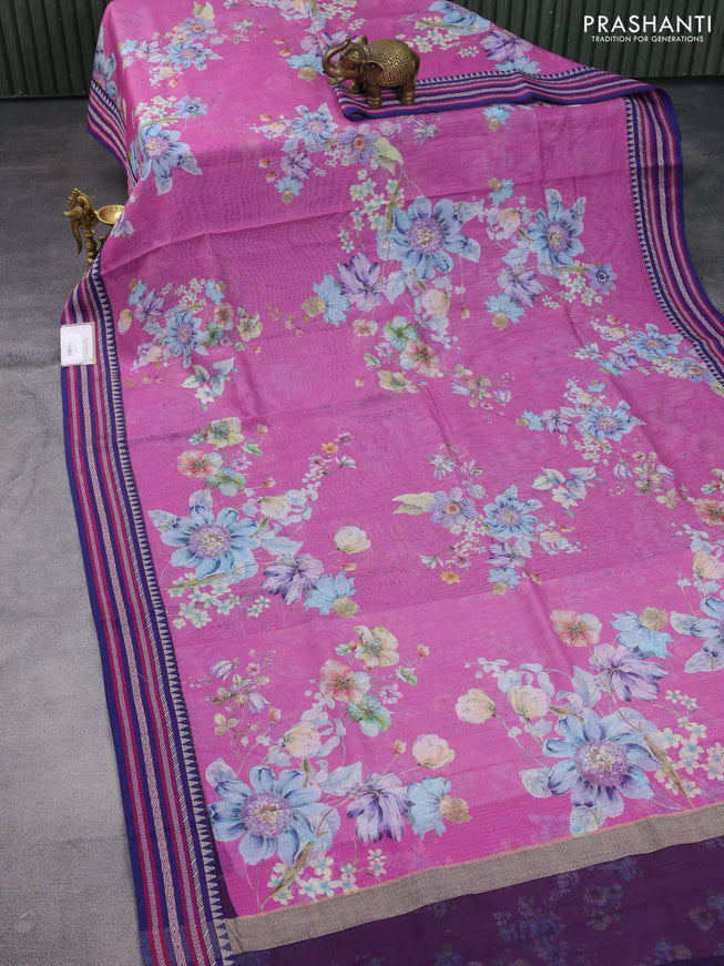 Kota silk cotton saree pink and navy blue with allover floral digital prints and woven border