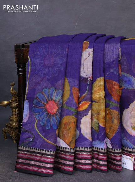 Kota silk cotton saree blue and black with allover floral digital prints and woven border