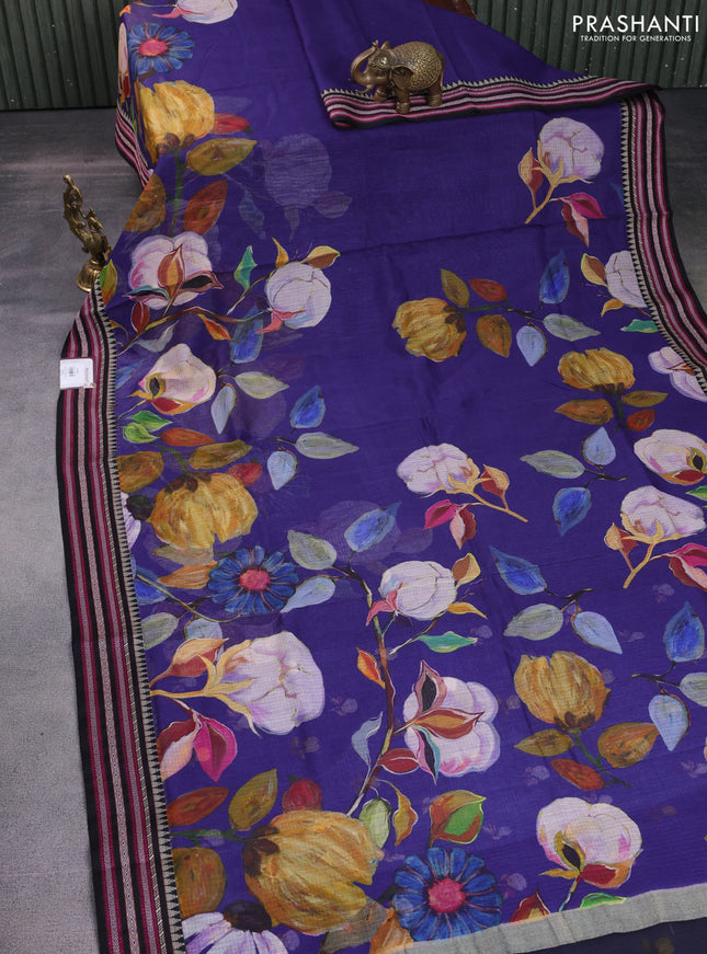 Kota silk cotton saree blue and black with allover floral digital prints and woven border