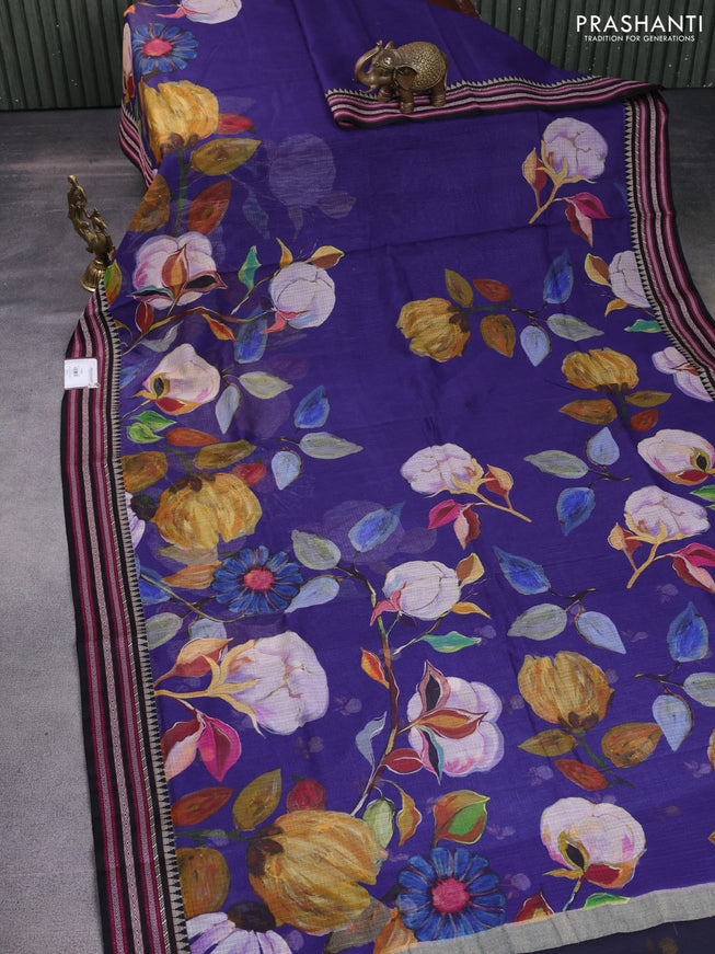 Kota silk cotton saree blue and black with allover floral digital prints and woven border