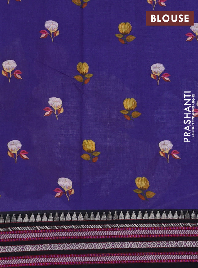 Kota silk cotton saree blue and black with allover floral digital prints and woven border