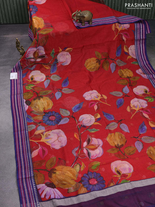 Kota silk cotton saree rust shade and blue with allover floral digital prints and woven border