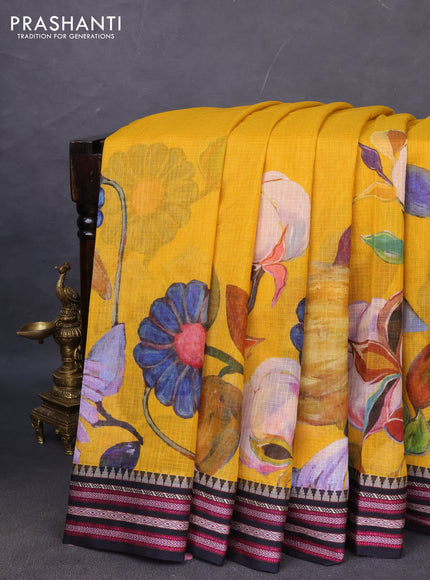 Kota silk cotton saree mustard yellow and black with allover floral digital prints and woven border