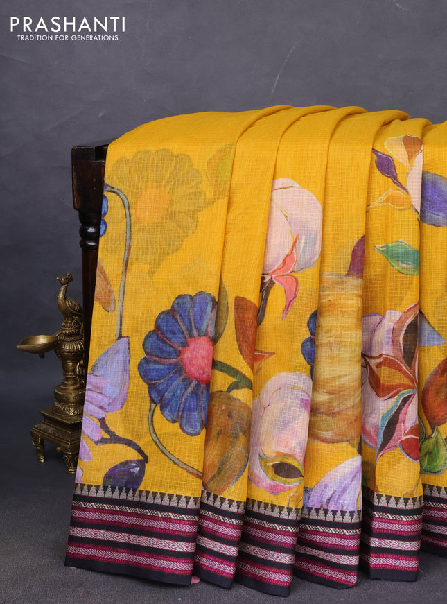 Kota silk cotton saree mustard yellow and black with allover floral digital prints and woven border