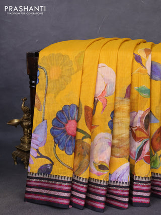 Kota silk cotton saree mustard yellow and black with allover floral digital prints and woven border