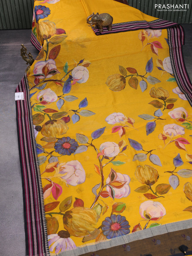 Kota silk cotton saree mustard yellow and black with allover floral digital prints and woven border