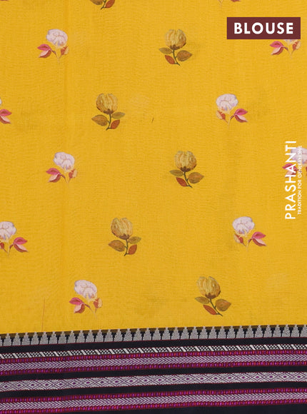 Kota silk cotton saree mustard yellow and black with allover floral digital prints and woven border