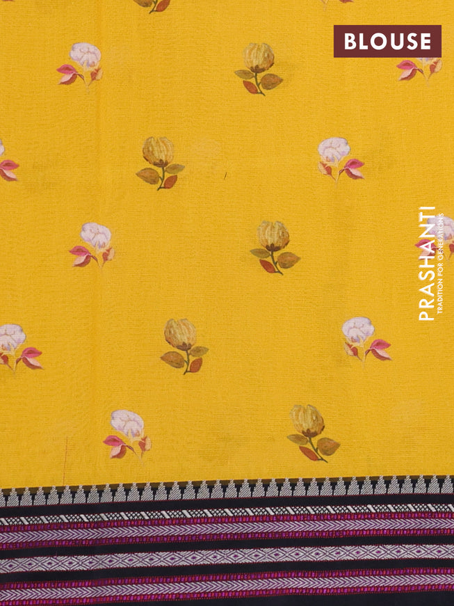 Kota silk cotton saree mustard yellow and black with allover floral digital prints and woven border