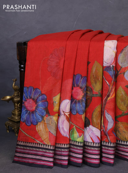 Kota silk cotton saree red and black with allover floral digital prints and woven border
