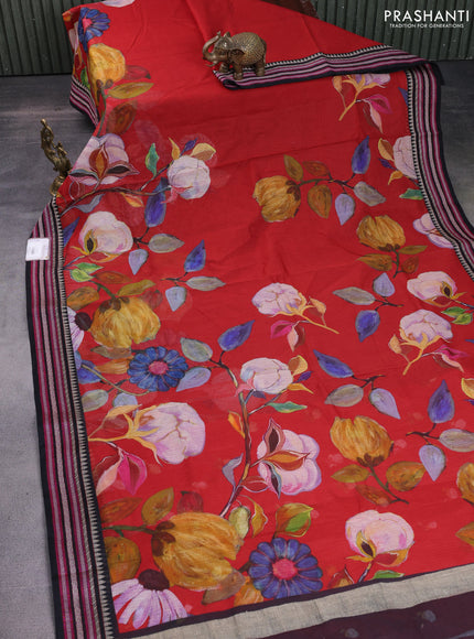 Kota silk cotton saree red and black with allover floral digital prints and woven border