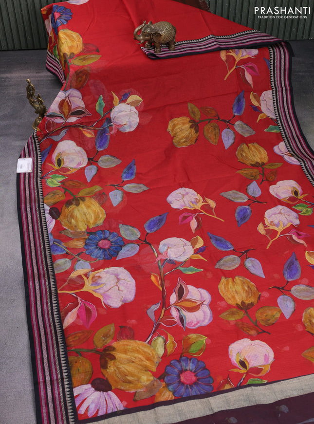 Kota silk cotton saree red and black with allover floral digital prints and woven border