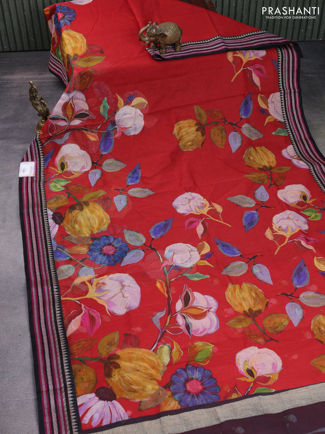 Kota silk cotton saree red and black with allover floral digital prints and woven border